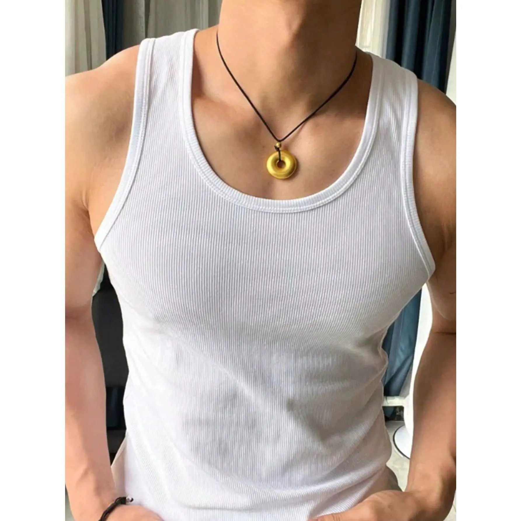Manfinity Dauomo Men's Summer Solid Color Ribbed Round Neck Casual Tank Top Menswear Sleeve