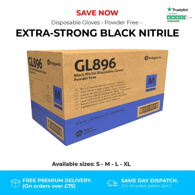 Heavy Duty Disposable Gloves – Black Nitrile – Powder Free – Bodyguards GL896® (500 Gloves, 5 Boxes) 3