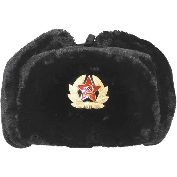 Russian Faux Fur Black Trapper Hat with Badge Mens Ushanka Ear Flaps Warm Hat Winter Wear Warm Trapper Hat Cap