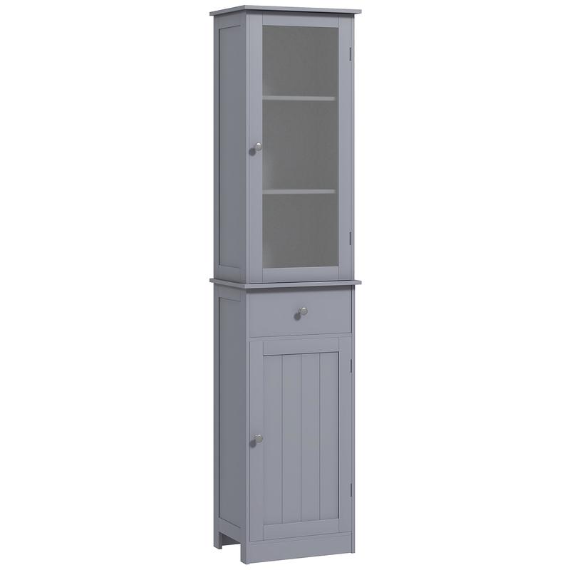kleankin Bathroom Storage Cabinet with 3-tier Shelf Drawer Door, Floor Cabinet Free Standing Tall Slim Side Organizer Shelves, Grey 0