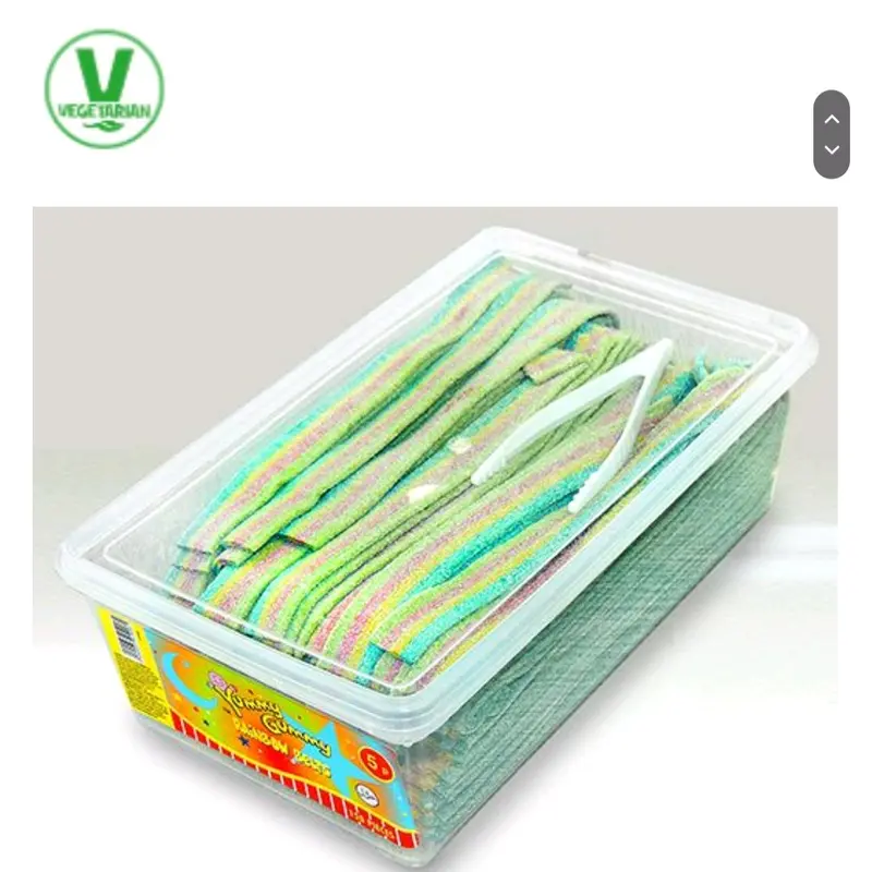 YUMMY GUMMY FIZZY BELTS TUBS(120 PIECES). SUITABLE FOR VEGETARIANS. HALAL. AVAILABLE IN BLUE RASPBERRY FLAVOR 1