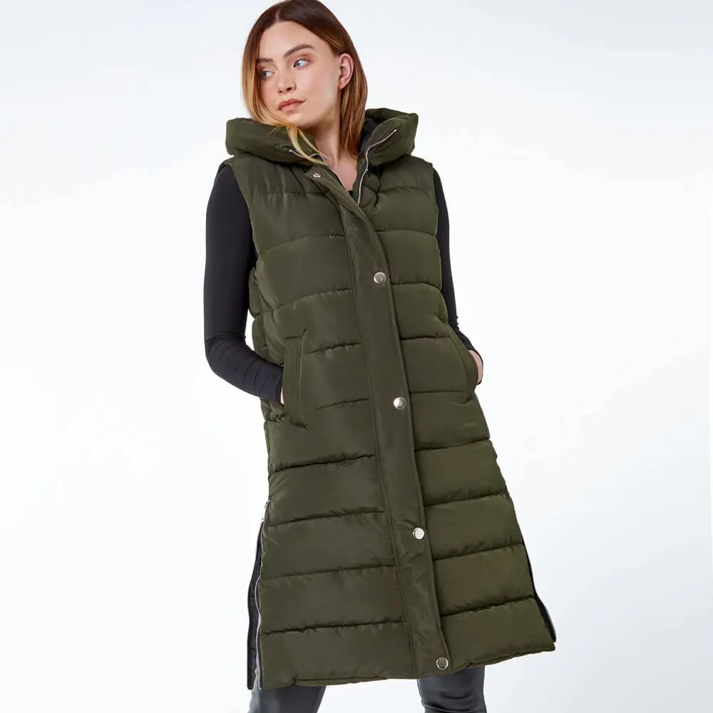 Xara. Khaki Winter Warmer Puffer Gilet Long Jacket Hooded Sleevless Jacket Coat Body Warmer