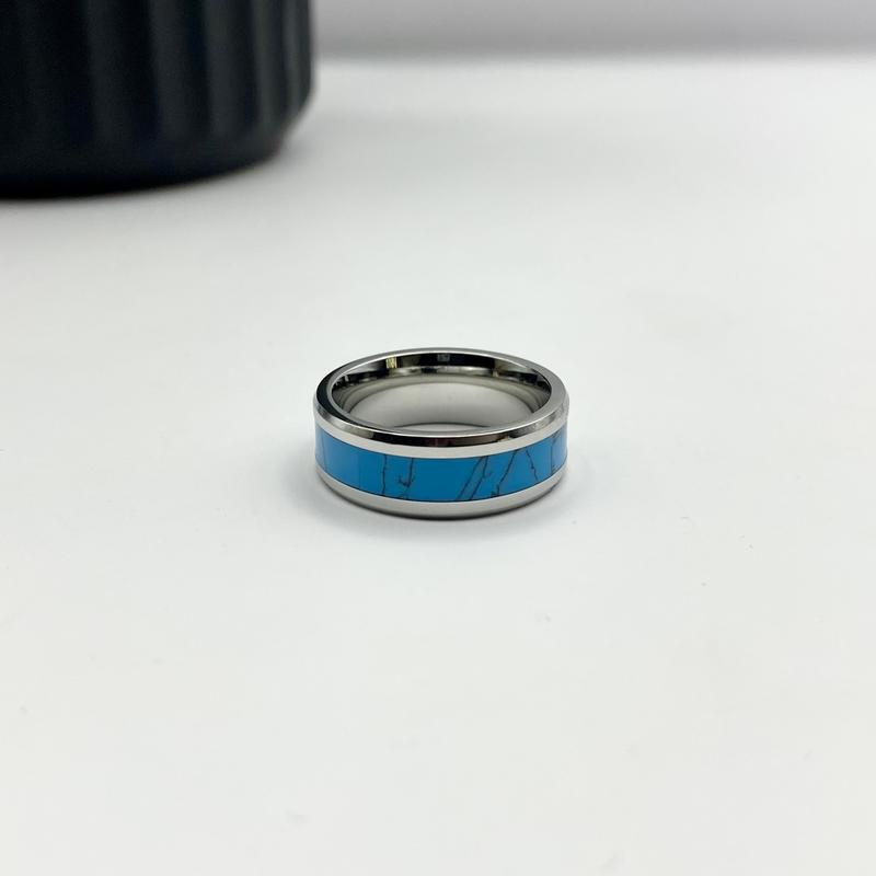 Turquoise Band ring - Stainless Steel Ring - Silver Turquoise Unisex Ring - Aqua Blue Stone Band - Greek Stainless steel Ring - Titanium Sea Marble ring - Steel Coloured Abalone Ring - Gifts for men 1