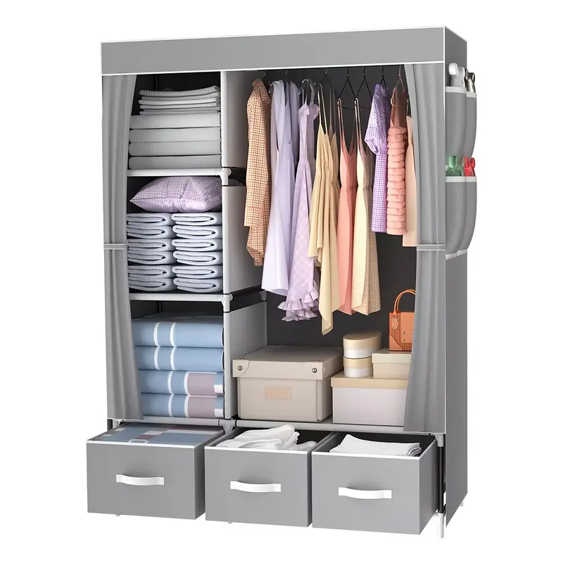 A Set Stylish Grey Canvas Wardrobe With 3 Storage Bins - Easy Assembly Durable & Spacious Closet Organizer For Home Bedroom Folding Clothes Storage Solution Portable Closets 2