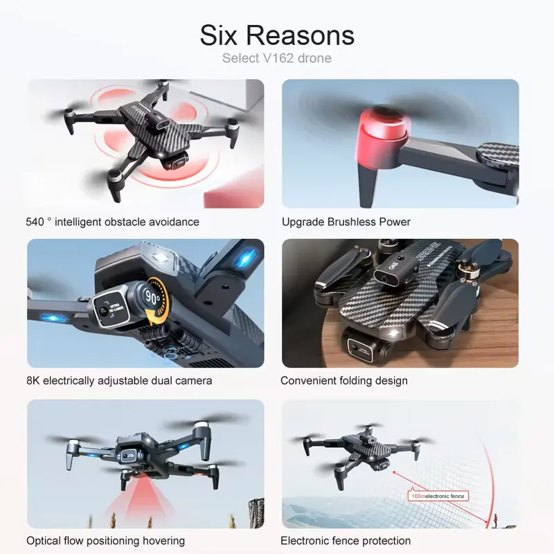V162 drone with dual camera one key return laser obstacle avoidance optical flow hovering brushless motor long flight time carbon fiber body metal plastic aluminium Accessories Blades Cable Charging Remote Control Beginner Drone 5
