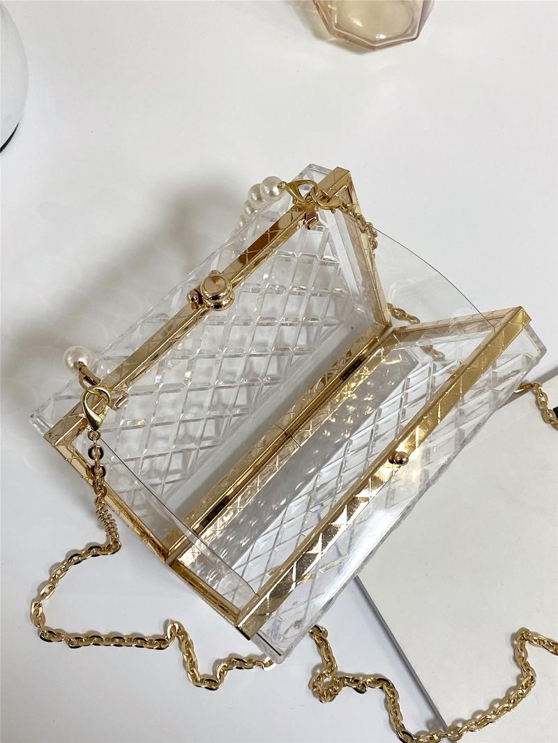 Product Introduction of NEW Pearl Handle Acrylic Mini Box Bag, Transparent Rhombus Clasp Pouch, Fashion Women's Evening Clutch Party Box Bag {Popular Gifts} 14
