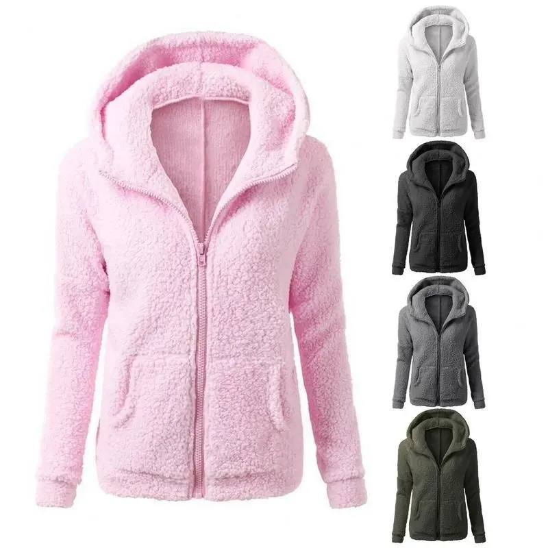 Winter Women Hooded Coats Solid Color Warm Plush Casual Jacket Thickened Zipper Closure Lady Sweatshirt For Daily Wear