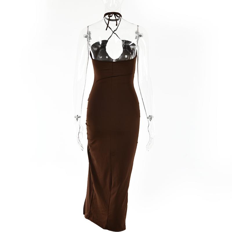 Product Introduction of Women's Halter Hollow Out Drawstring Ruched Bodycon Maxi Dress High Split Party Club Cocktail Dresses cap sleeve fashion casual dresses 9