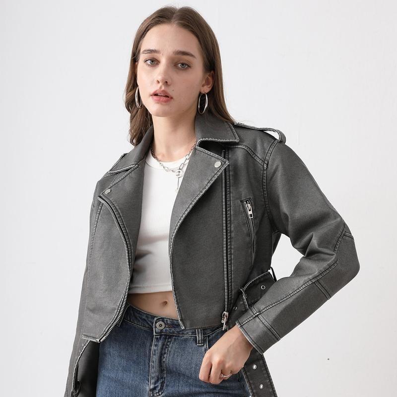 【2025】Premium Faux Leather Jacket coat  for Women,Solid Color Pocket Zipper PU Cropped Collared Long Sleeve Biker Faux Leather Jacket, Street Fashion Casual with Removable Belt Zipper Pocket for Autumn&Winter,New year/Christimas gift,fast delivery 0