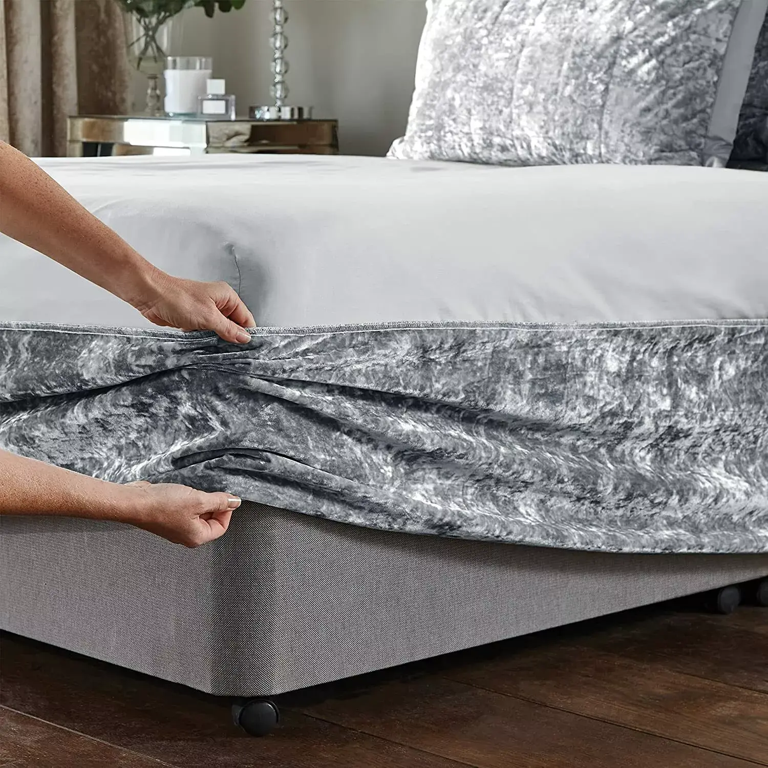 Silver Crushed Velvet Divan Bed Base Wrap Elasticated Valance Fitted Cover Single Double King Super King Size