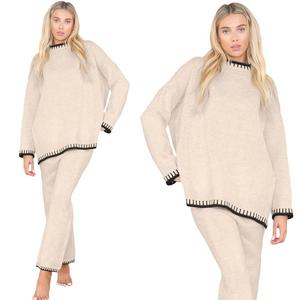 Womens Knitted Lounge Wear Stitched Jumper Top Wide Leg Trousers Co ord 2Pcs Set