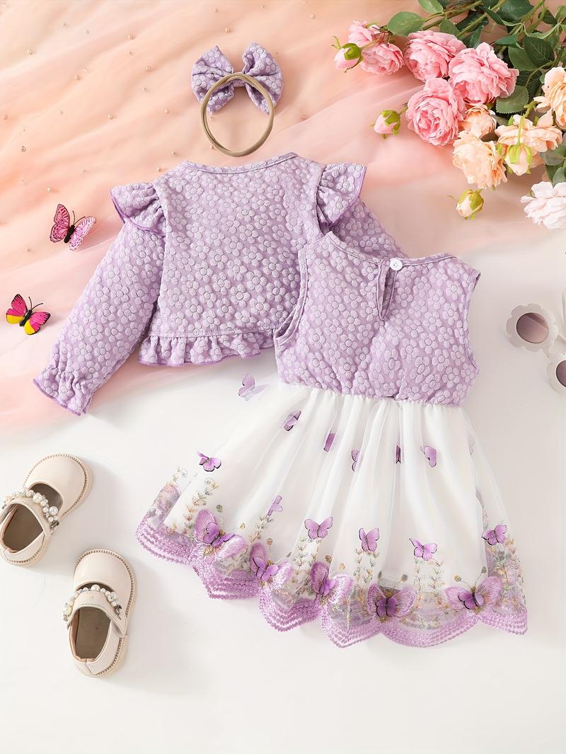 Product Introduction of 3pcs Fashion Casual Girl Butterfly Style Long Sleeve Ruffle Short Top + Sleeveless Mesh Butterfly Dress + Bow Hair Tie 20