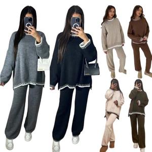 Womens Knitted Lounge Wear Ladies Wide Leg Palazzo Top Trousers Tracksuit Set Womenswear Overalls One Size UK 8-16 Underwear Lady Long Sleeve Longsleeves Basic