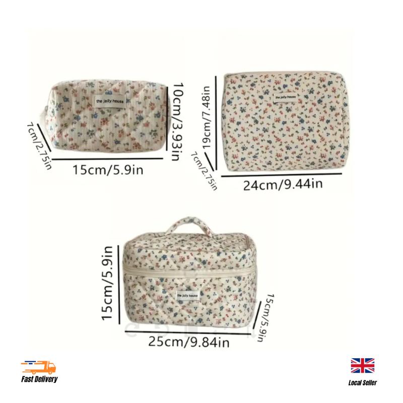 Christmas Gift Ditsy Chic Floral Design Quilted Makeup Bag Set - 3 Count Corduroy Cosmetic Storage Bag for Outing and Travel - Durable & Easy Care 1