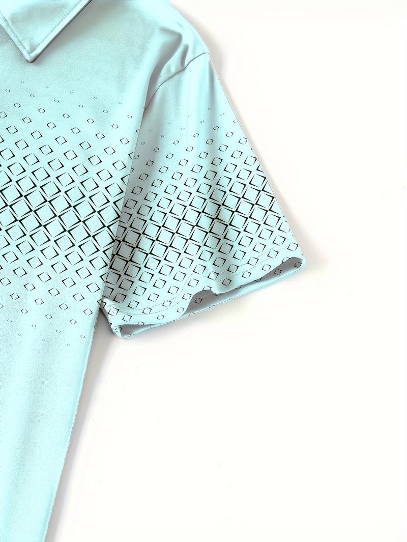Product Introduction of Men'S Casual Short Sleeve Lapel Collar Shirt with Diamond Print, 100% Polyester Knit Fabric, Slight Stretch, Regular Fit, Spring/Fall Lapel Collar with Button Detail 8