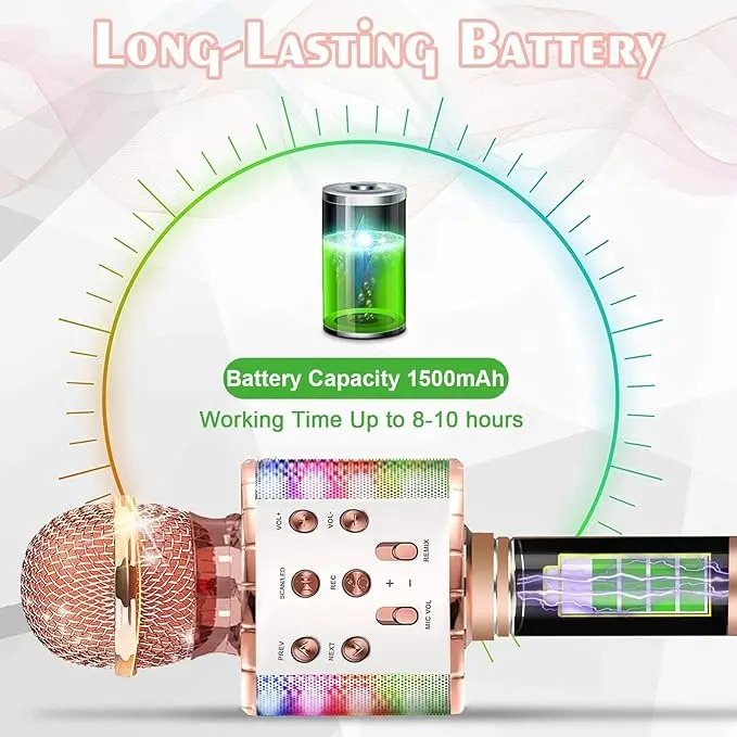 Wireless Bluetooth Karaoke Microphone with Led Lights Portable Handheld Singing Karaoke Speaker Machine Toys Gifts for Kids Adults - Rose Gold 2