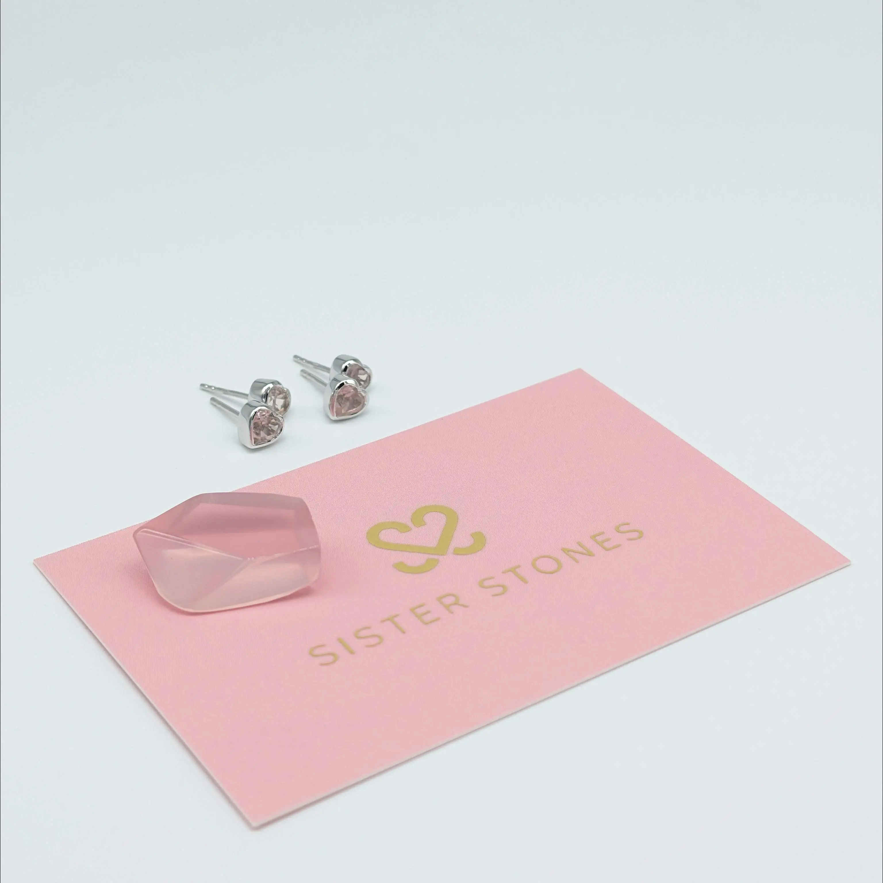 Set of 2 pairs - Heart Rose Quartz Sterling Silver Stud Earrings
