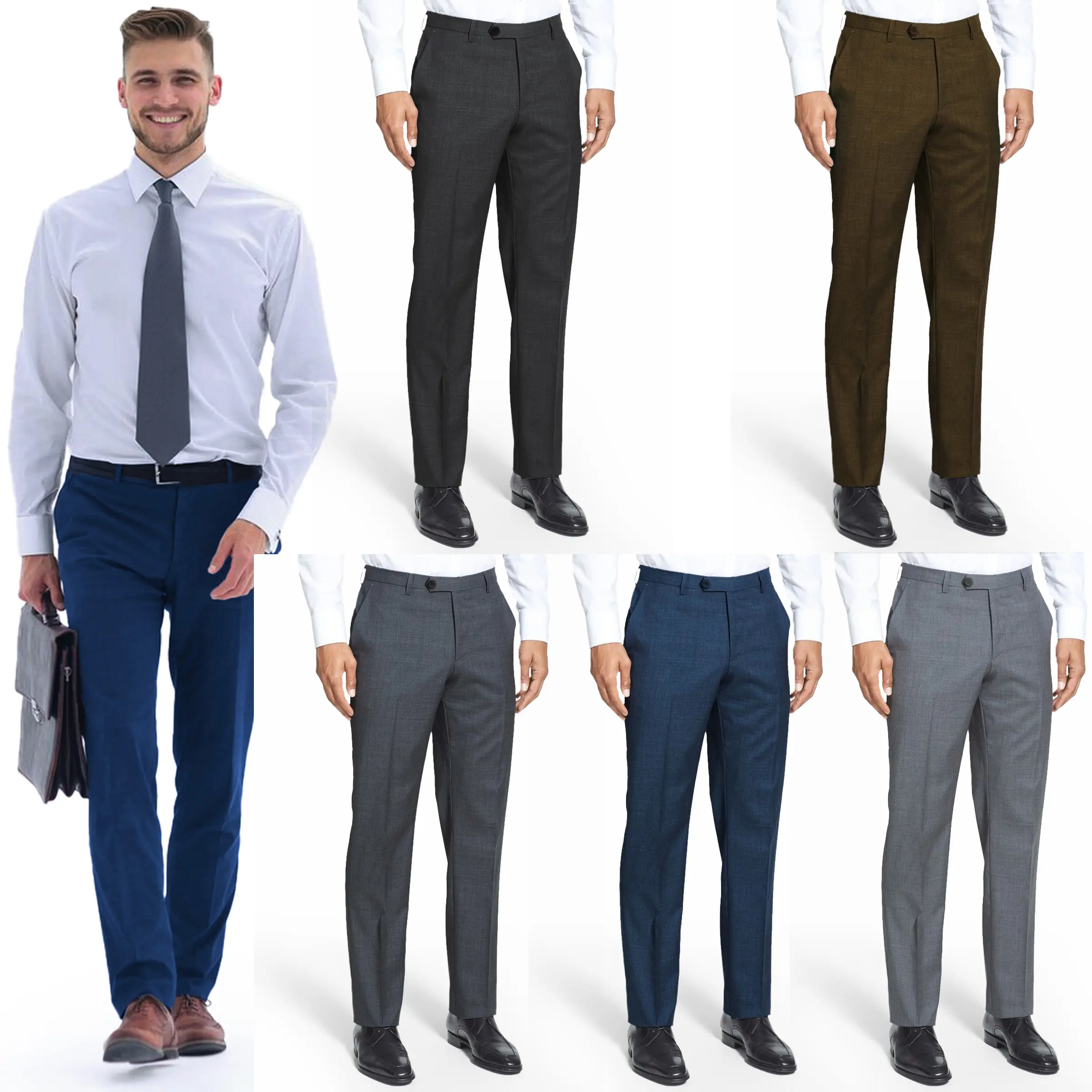Men's Casual Formal Trousers Business Office Work Home Smart Dress Pants Straight Leg Flat Front Pockets Waist Bottom Trouser Menswear Plain