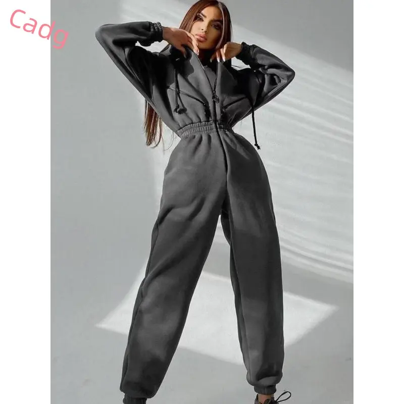 Women's Solid Drop Shoulder Drawstring Hooded Jumpsuit, Casual Long Sleeve Zipper Jumpsuit for Fall & Winter, Women's Clothes for Daily Wear 4