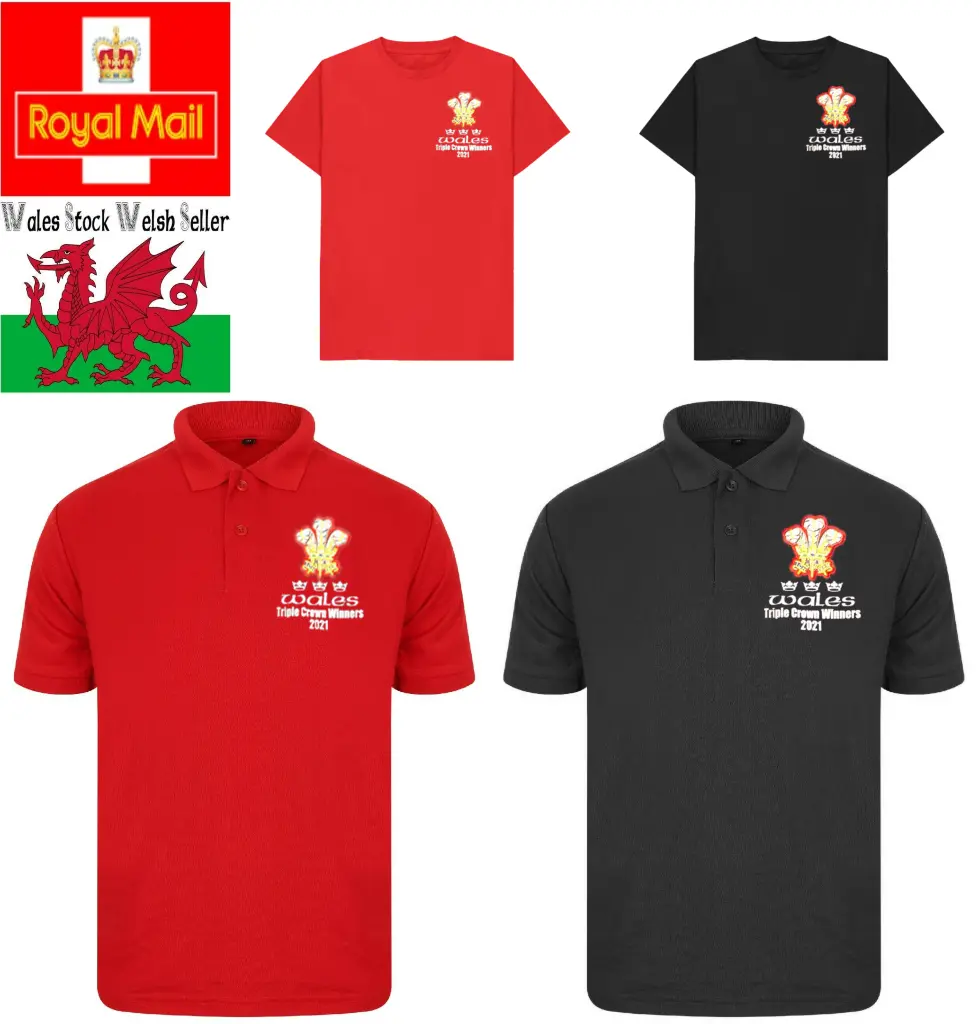 New Men's Triple Crown Rugby Winners 2021 Embroidered Welsh Feathers T Shirt or Polo T Shirt