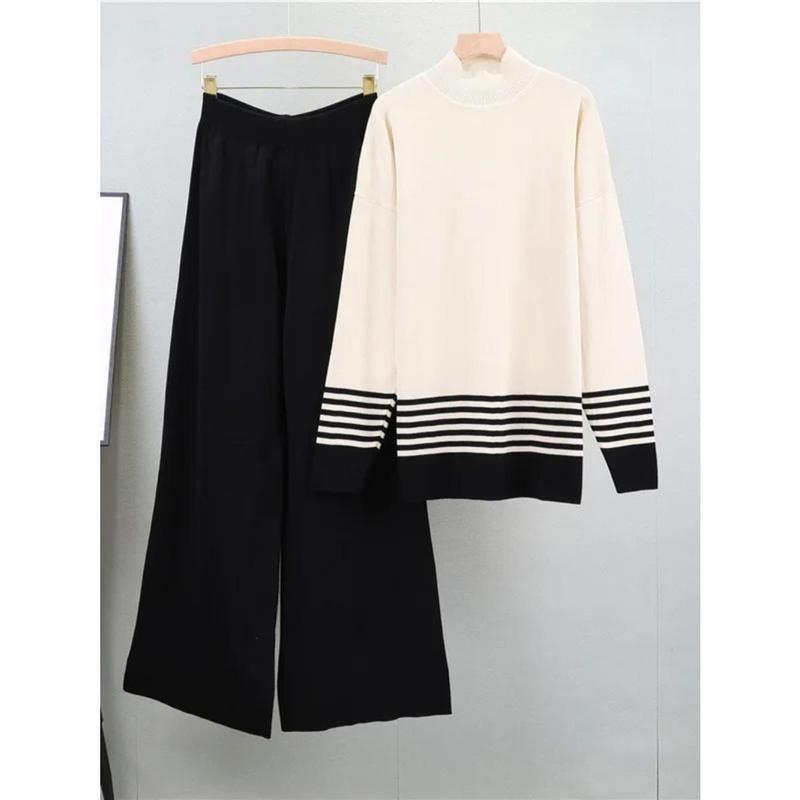Muslim Knitting Suit Women Two Piece Sets Pullover Striped Sweater Knitted Wide Leg Pants Outfits Casual Knitwear Ensemble 2024 1