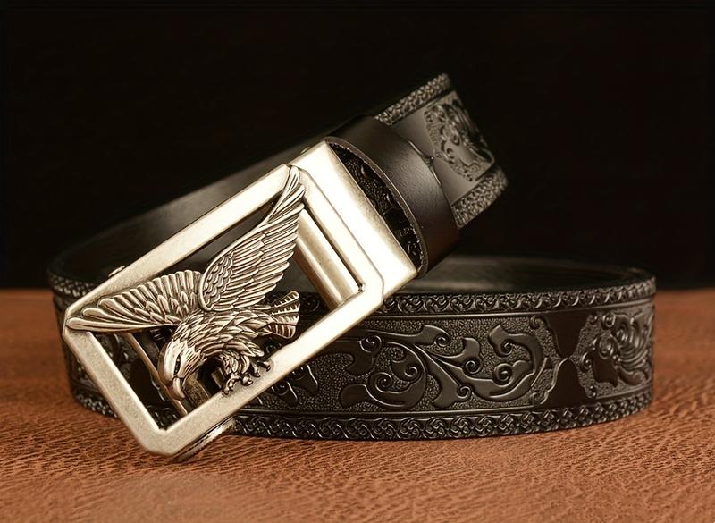 Product Introduction of 1PC Carved Cowhide Men's Autobuckle Belt, Vintage Style, Suitable for Casual & Business Wear, Great Gift for Husband and Father 14