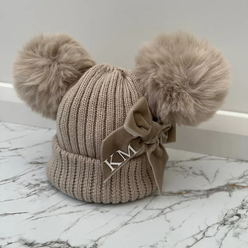 Biscuit or Dusky Pink Double Pom Pom Hat & Mittens - One Size Newborn - 12 Months. 8