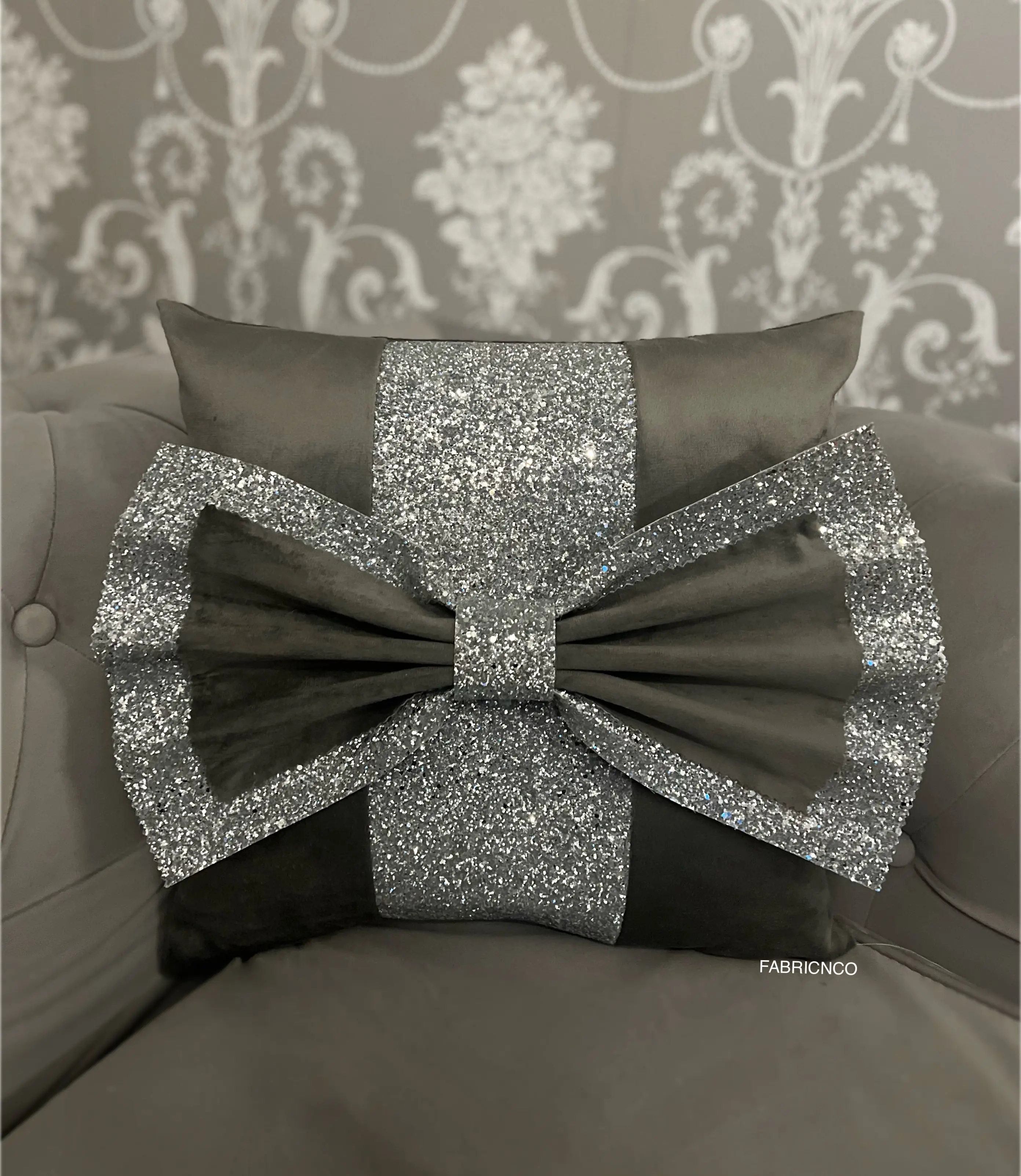 Grey Plush Velvet Bespoke Sparkle Glitter Panel Bow Cushion - Fabricnco